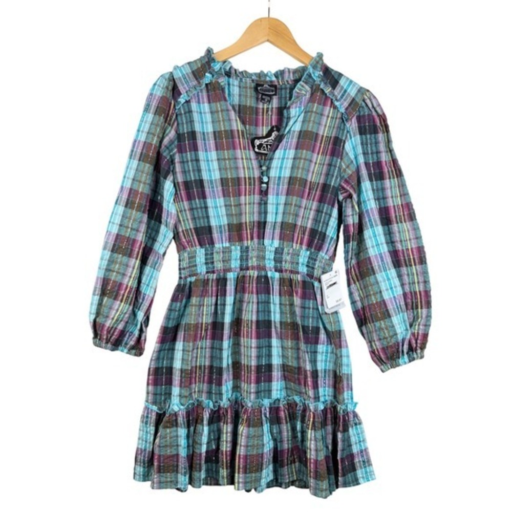 New Angie Women's Skater Dress size Medium Blue Plaid Ruffle Collar